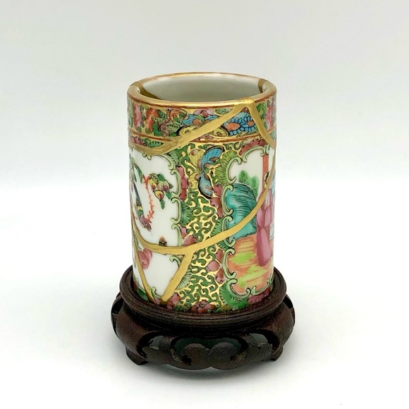 Kintsugi Brush Pot Chinese Famille Rose Cup Gold Crack Art Personal Growth Gift - Picture 7 of 17